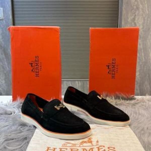 Hermes_logo Black 100% Genuine Suede Leather