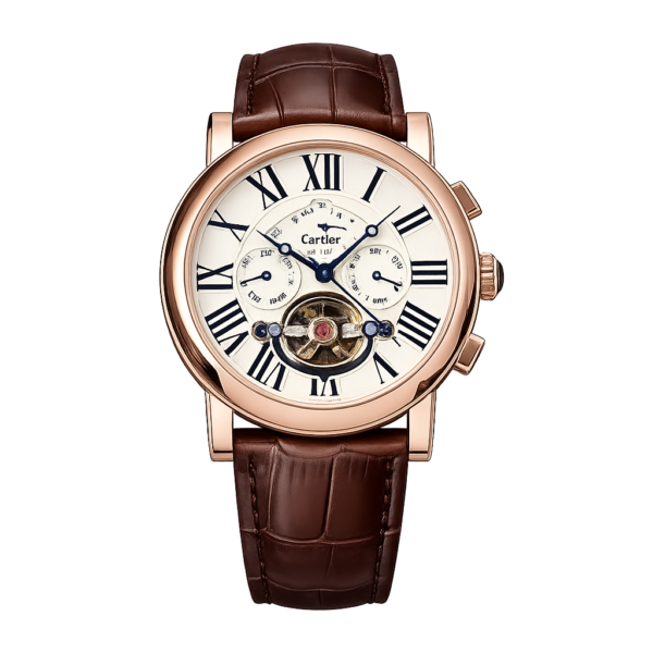 Cartier Rose Gold Open Heart Automatic Calendar Leather Strap Watch