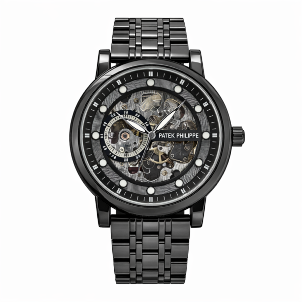 Patek Philippe Black Skeleton Dial Automatic Metal Strap Luxury Watch