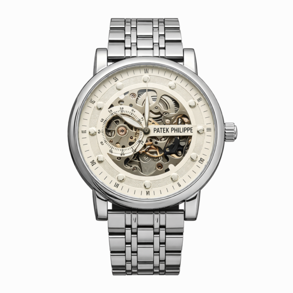 Patek Philippe  Silver Skeleton Dial Automatic Metal Strap Luxury Watch