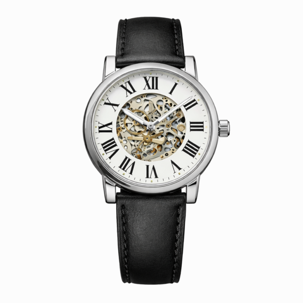 Fossil Silver Skeleton Dial Black Leather Strap Watch