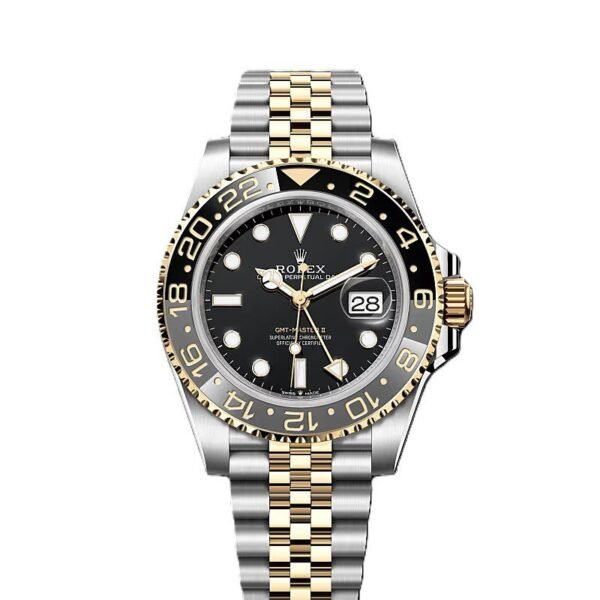 GMT-Master II yellow gold with a black dial and a Jubilee bracelet.