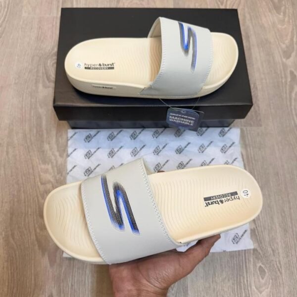 Skechers Hyper Burst Soft Premium Black Blue Logo Beige Flip-Flop