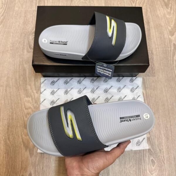 Skechers Hyper Burst Soft Premium White Yellow Logo Grey Flip-Flop
