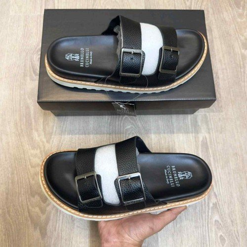 Brunello Cucinelli Style Luxury Double Buckle Leather Strap Premium Black Slides
