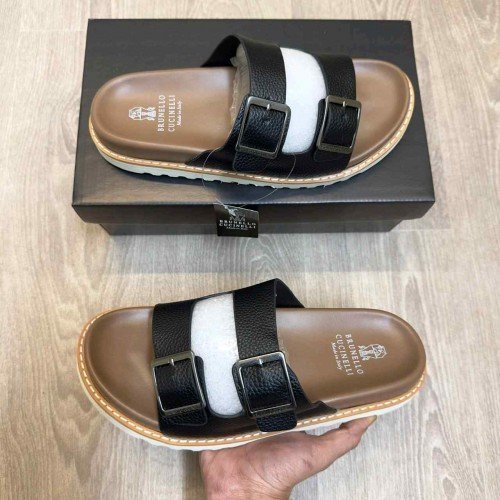 Brunello Cucinelli Style Luxury Double Buckle Leather Strap Premium Tan Brown Slides