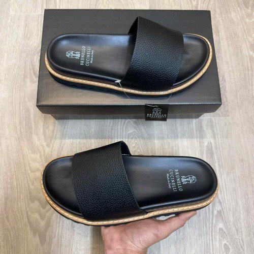 Brunello Cucinelli Style Luxury Leather Strap Premium Black Slides