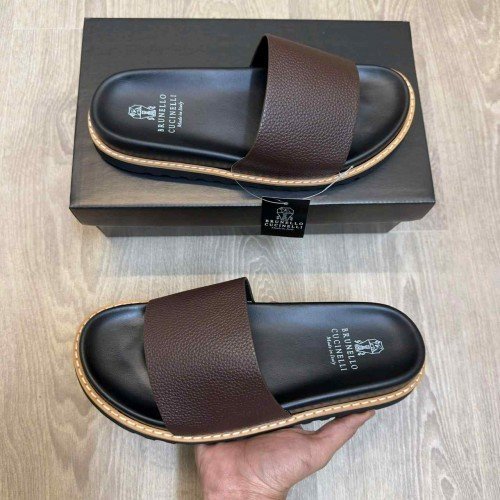 Brunello Cucinelli Style Luxury Leather Strap Premium Brown Slides
