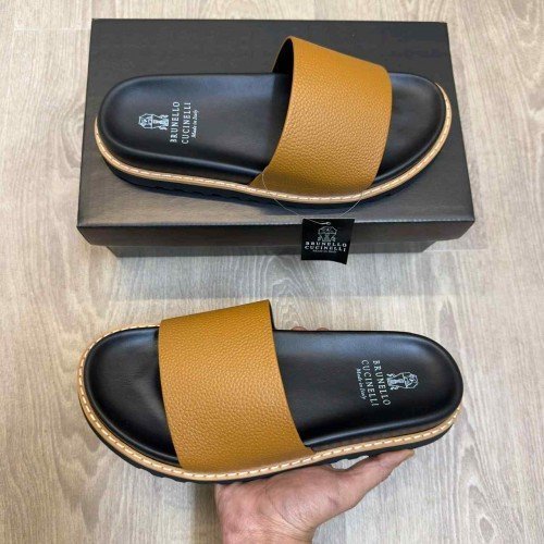 Brunello Cucinelli Style Luxury Leather Strap Premium Tan Slides