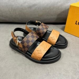 LOUIS_VUITTON_MONOGRAM_EMBOSSED_COWHIDE_STRAP_AND_UNIQUE_PLAID_PATTERN_SANDAL