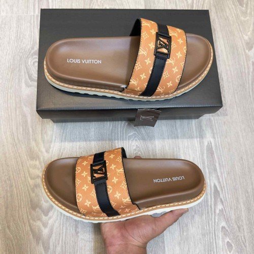Loui.s Vuitton Monogram Leather Strap LV Logo Buckle Premium Tan Slides - Image 2