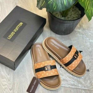 Loui.s Vuitton Monogram Leather Strap LV Logo Buckle Premium Tan Slides