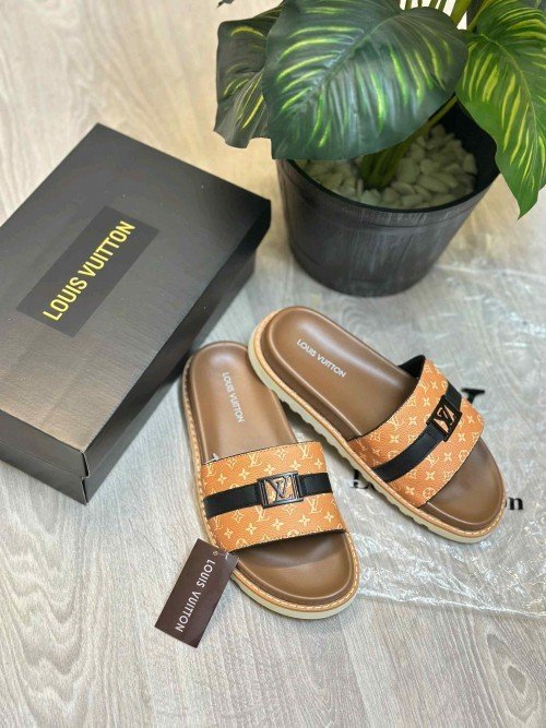 Loui.s Vuitton Monogram Leather Strap LV Logo Buckle Premium Tan Slides