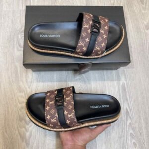 Loui.s Vuitton Monogram Leather Strap LV Logo Buckle Premium Brown Slides