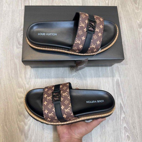Loui.s Vuitton Monogram Leather Strap LV Logo Buckle Premium Brown Slides
