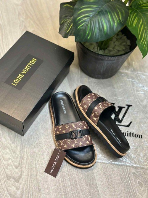 Loui.s Vuitton Monogram Leather Strap LV Logo Buckle Premium Brown Slides - Image 2
