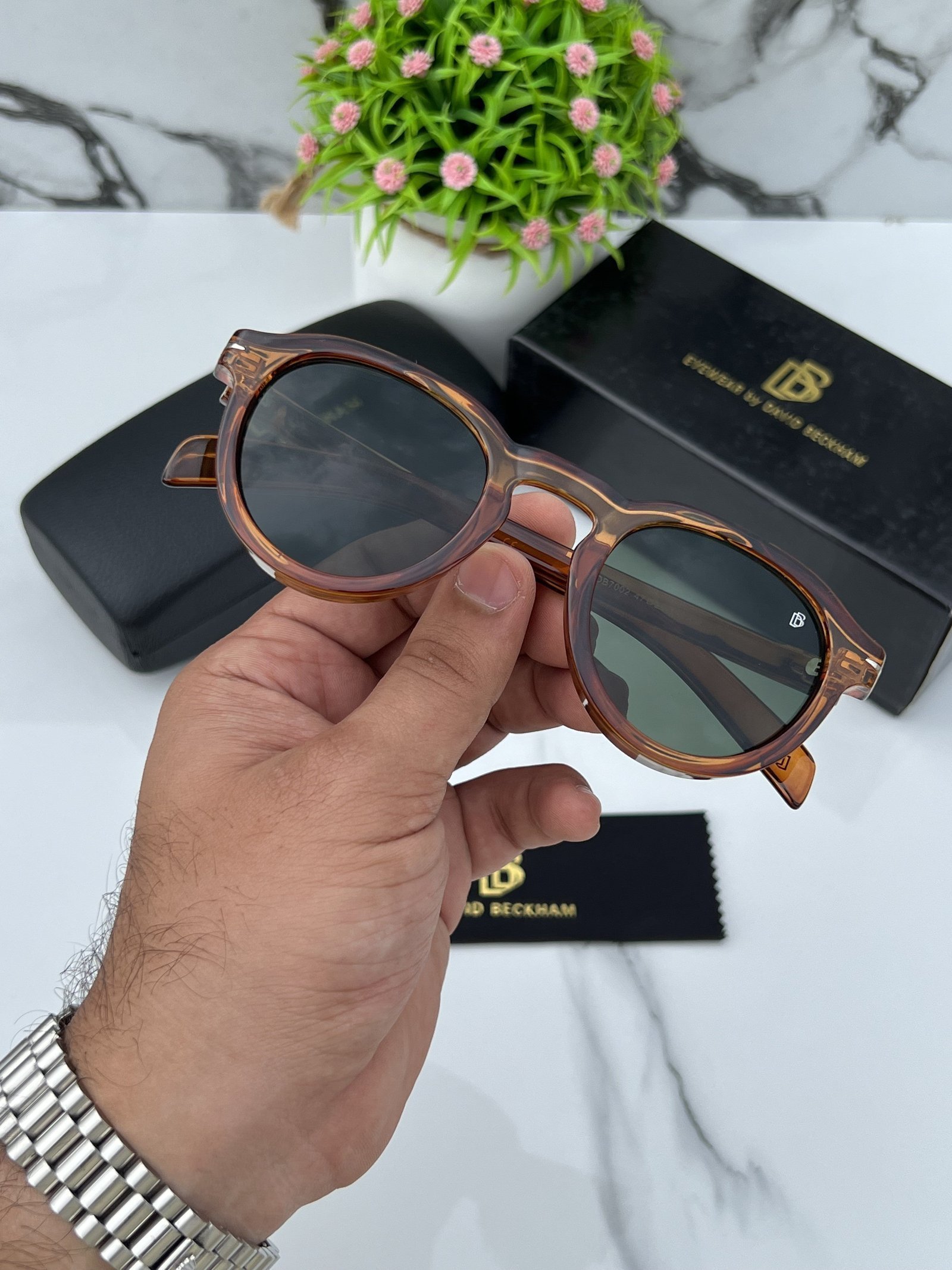 Branded Db Round Brown Green Sunglasses (With Original Kit) - Image 3