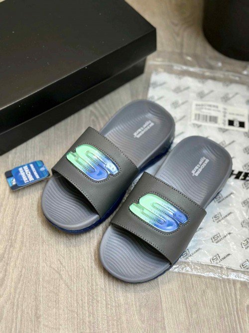 Skechers Go Recover Utopo Logo Premium Grey Blue Slides - Image 2