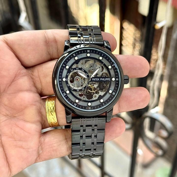 Patek Philippe Black Skeleton Dial Automatic Metal Strap Luxury Watch - Image 2