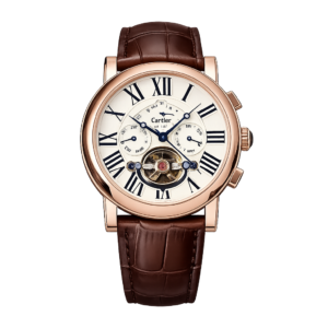 Cartier Rose Gold Open Heart Automatic Calendar Leather Strap Watch